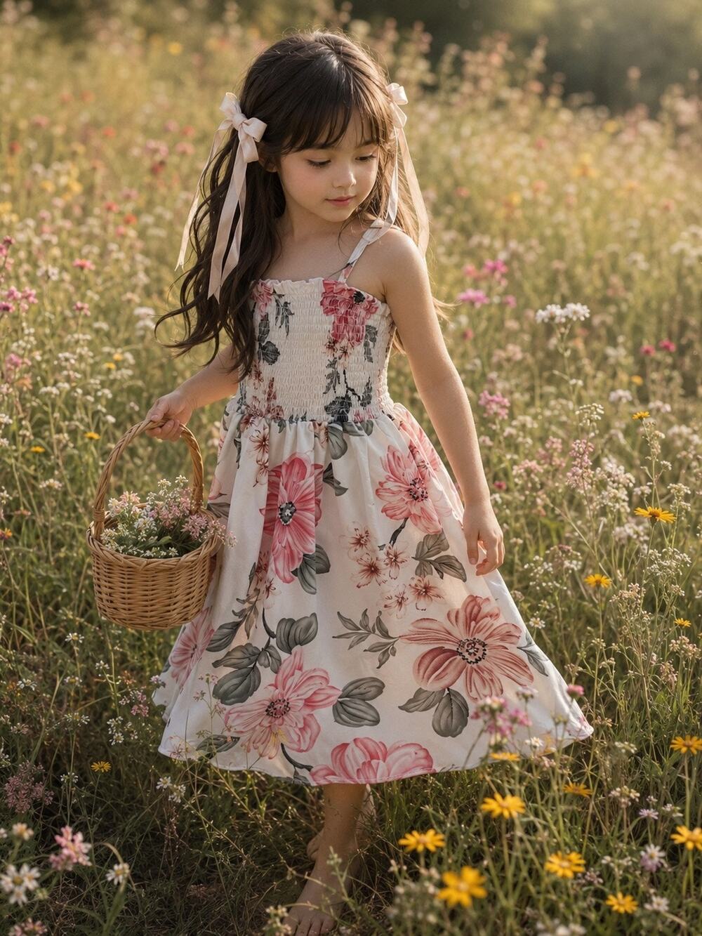 New Blooming Floral Flowy Smocked Twirl Dress 7/8